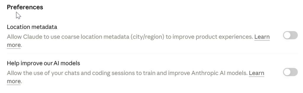 Image showing Claude location and training toggled off.