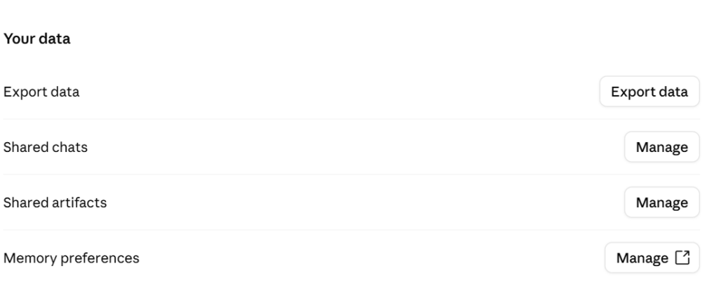 Claude settings, Your data section, showing Manage buttons next to Shared chats and Shared artifacts.
