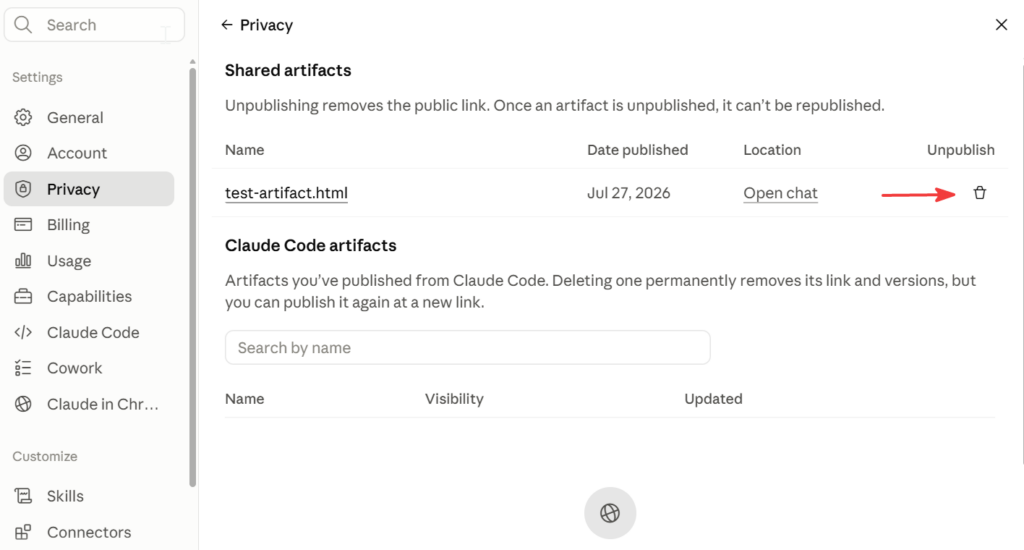 Claude Privacy settings showing the Shared Artifacts list, with the Artifact name, date shared, an Open chat link, and a trash can icon to unpublish.